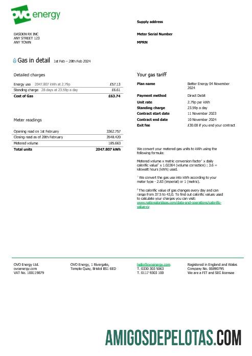 realista Projeto de lei de serviços públicos de energia da Ovo Energy do Reino Unido, modelo Word e PDF